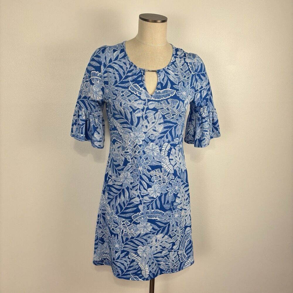 Ruby Rd Womens S Tropical Floral Print Short Bell Sleeves Swing Dress Knee Lengt